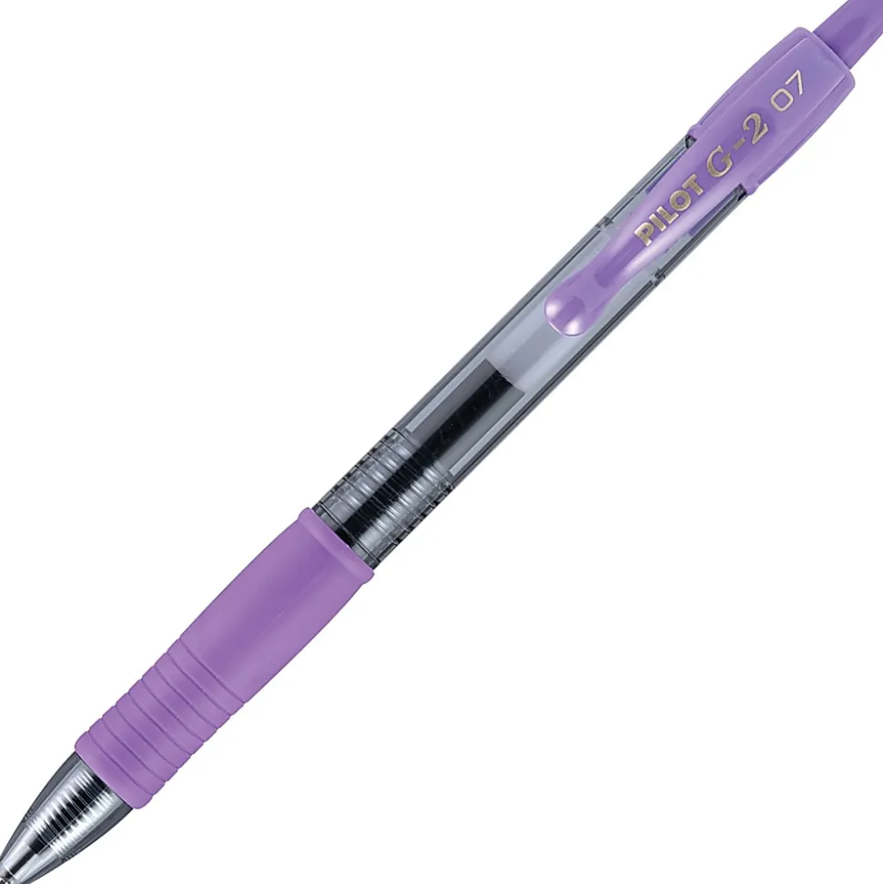 Pilot G2 Retractable Gel Pens, Fine Point, 0.7 mm, Clear Barrels, Purple Ink, Pack Of 12