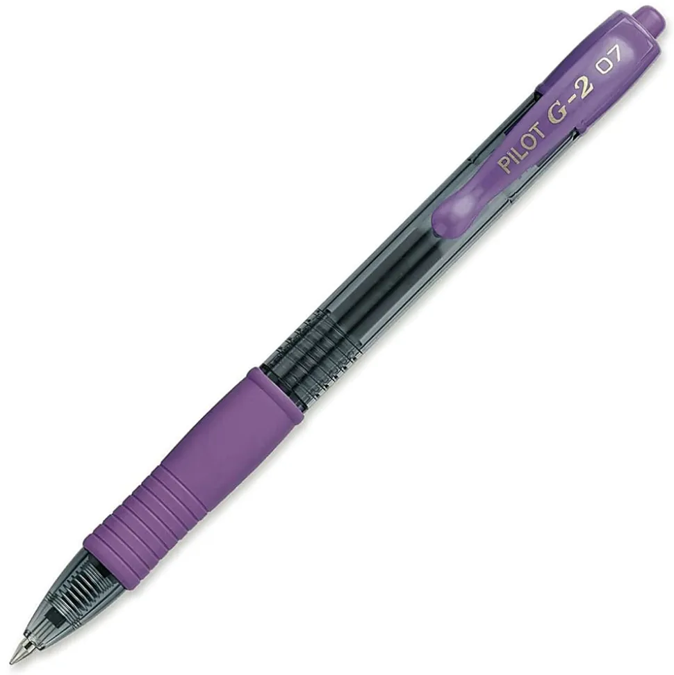Pilot G2 Retractable Gel Pens, Fine Point, 0.7 mm, Clear Barrels, Purple Ink, Pack Of 12