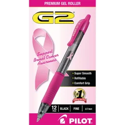 Pilot G2 Retractable Gel Pens, Fine Point, 0.7 mm, Pink Barrels, Black Ink, Pack Of 12