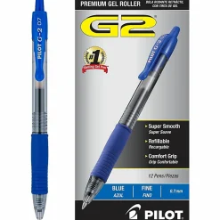 Pilot G2 Retractable Gel Pens, Fine Point, 0.7 mm, Clear Barrels, Blue Ink, Pack Of 12 Pens