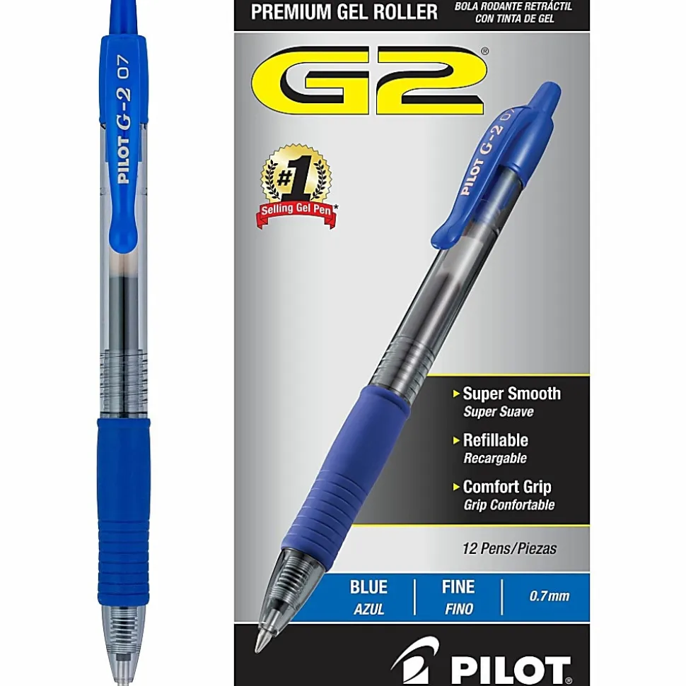 Pilot G2 Retractable Gel Pens, Fine Point, 0.7 mm, Clear Barrels, Blue Ink, Pack Of 12 Pens
