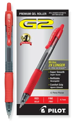 Pilot G2 Retractable Gel Pens, Fine Point, 0.7 mm, Clear Barrels, Red Ink, Pack Of 12 Pens