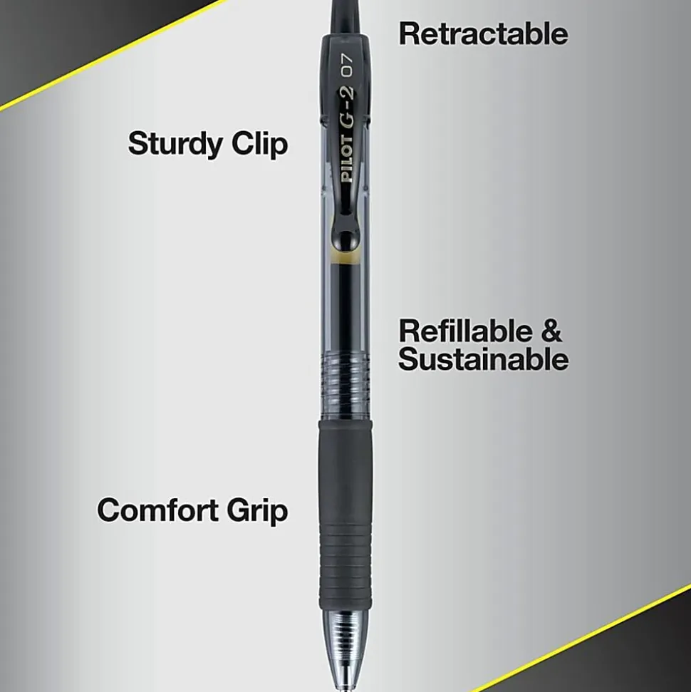 Pilot G2 Retractable Gel Pens, Fine Point, 0.7 mm, Clear Barrels, Black Ink, Pack Of 12 Pens, 31020