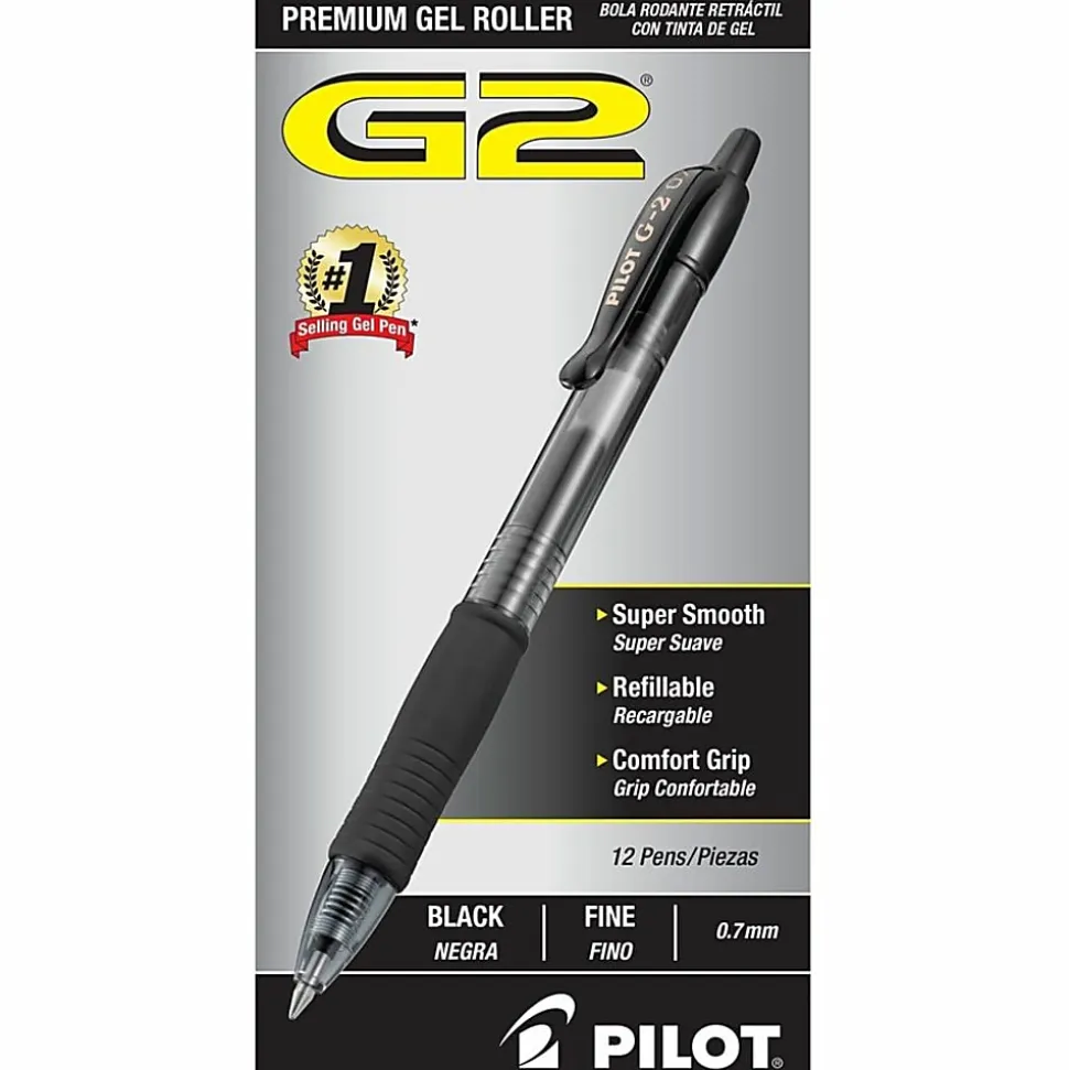 Pilot G2 Retractable Gel Pens, Fine Point, 0.7 mm, Clear Barrels, Black Ink, Pack Of 12 Pens, 31020