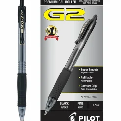 Pilot G2 Retractable Gel Pens, Fine Point, 0.7 mm, Clear Barrels, Black Ink, Pack Of 12 Pens, 31020