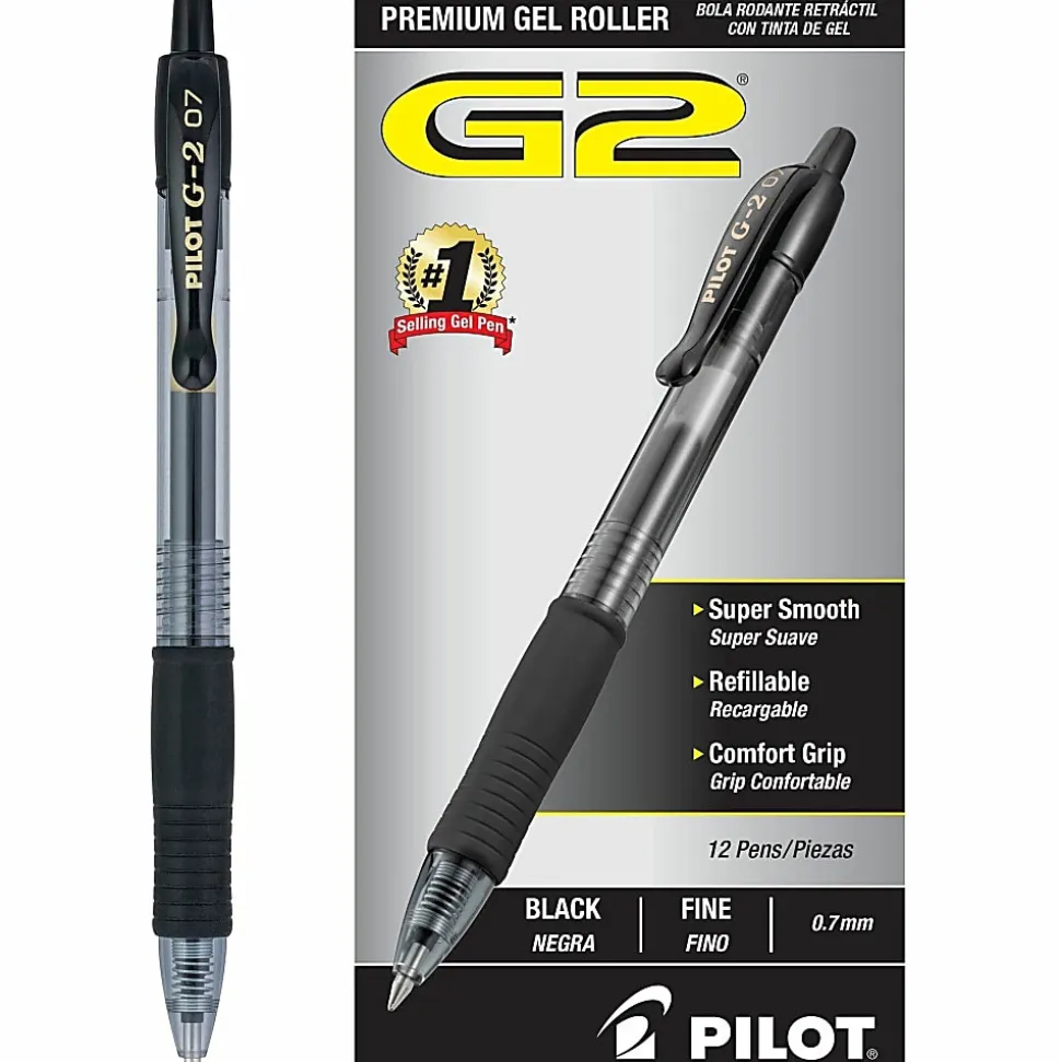 Pilot G2 Retractable Gel Pens, Fine Point, 0.7 mm, Clear Barrels, Black Ink, Pack Of 12 Pens, 31020