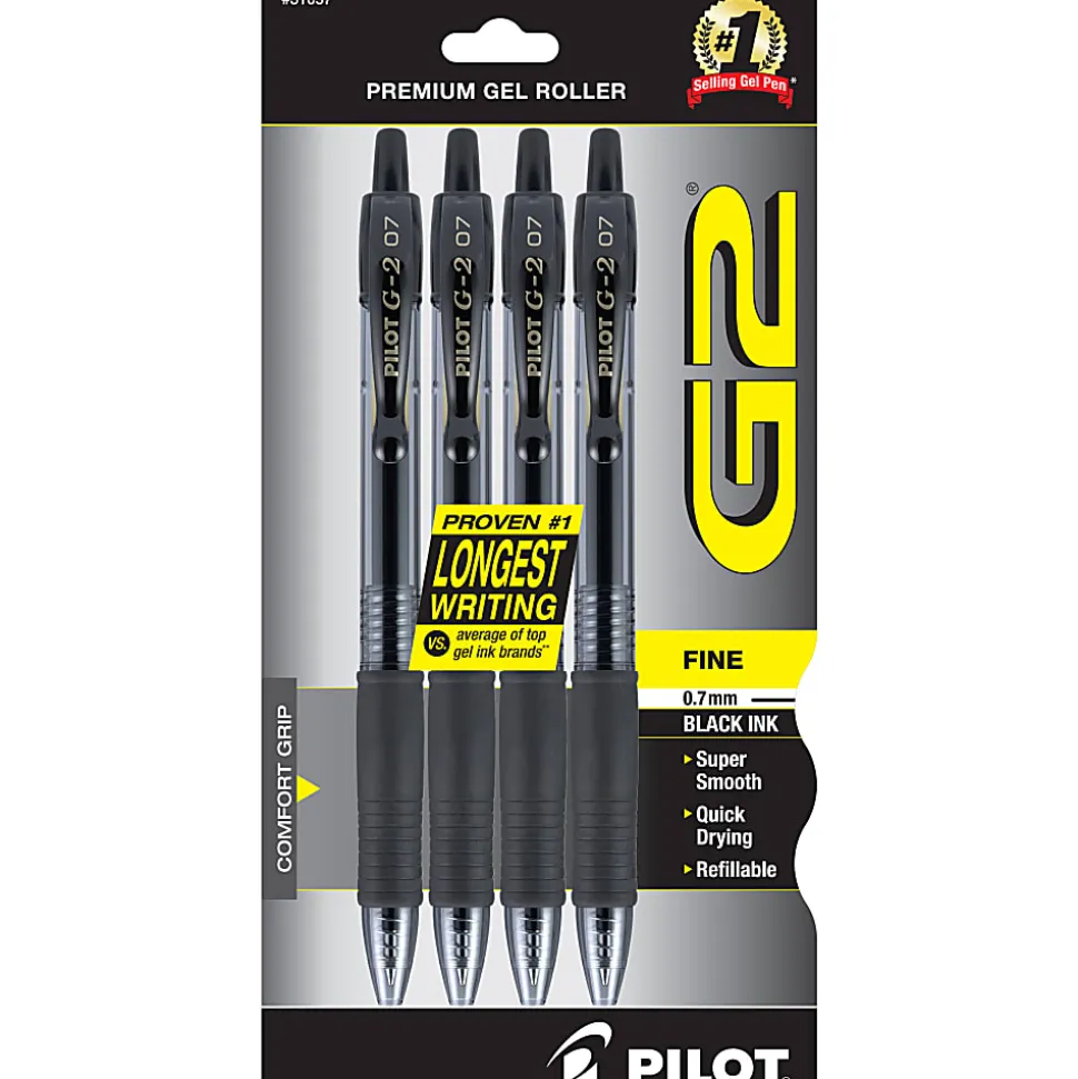 Pilot G2 Retractable Gel Pens, Fine Point, 0.7mm, Clear Barrels, Black Ink, Pack Of 4 Pens