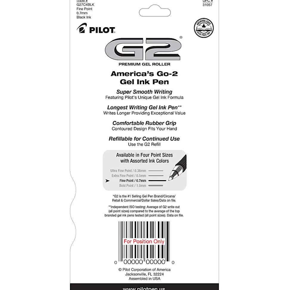 Pilot G2 Retractable Gel Pens, Fine Point, 0.7mm, Clear Barrels, Black Ink, Pack Of 4 Pens