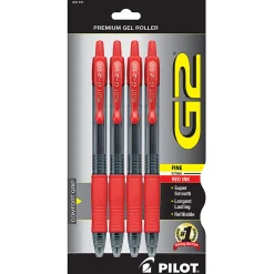 Pilot G2 Retractable Gel Pens, Fine Point, 0.7 mm, Clear Barrels, Red Ink, Pack Of 4