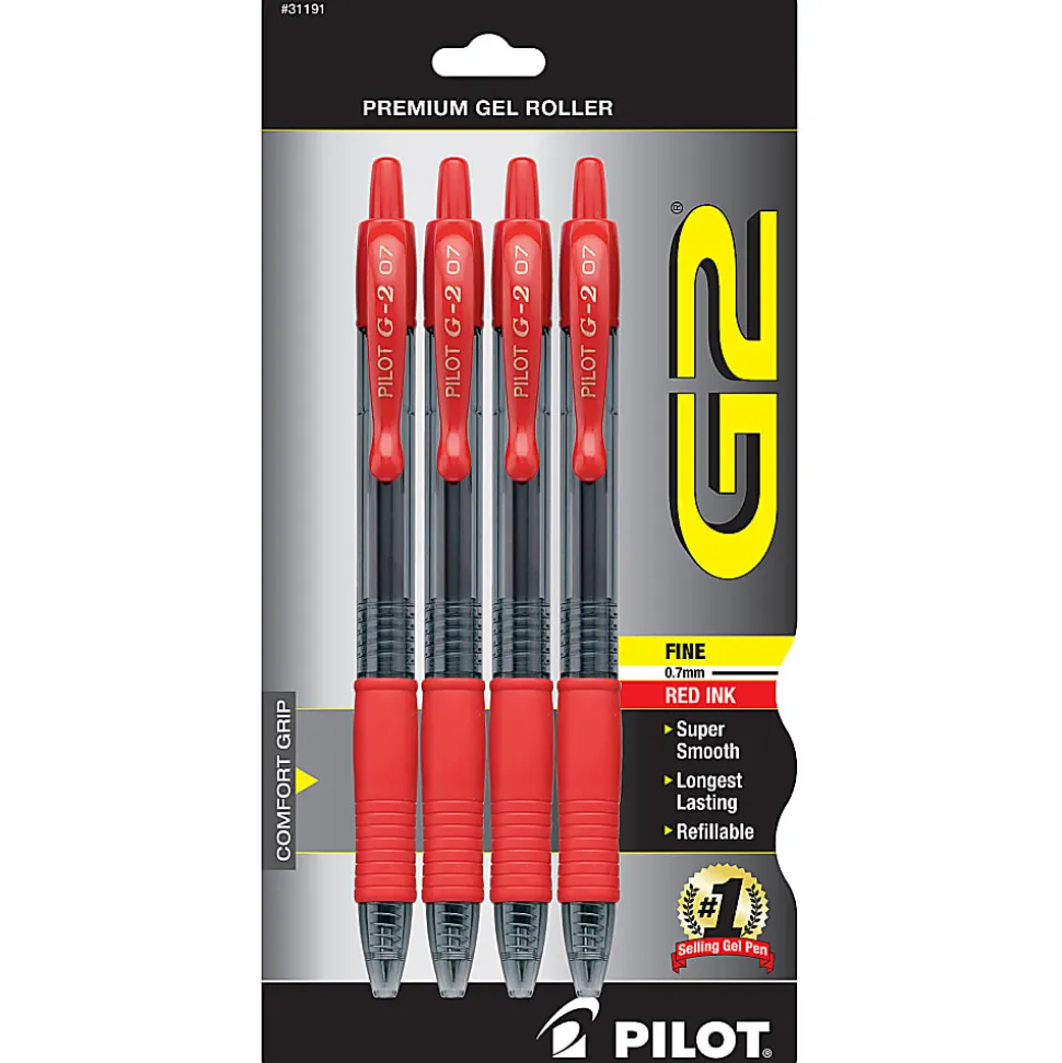 Pilot G2 Retractable Gel Pens, Fine Point, 0.7 mm, Clear Barrels, Red Ink, Pack Of 4