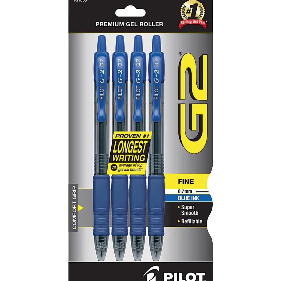 Pilot G2 Retractable Gel Pens, Fine Point, 0.7 mm, Clear Barrels, Blue Ink, Pack Of 4 Pens