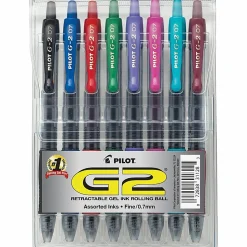 Pilot G2 Retractable Gel Pens, Fine Point, 0.7 mm, Clear Barrels, Assorted Ink, Pack Of 8 Pens