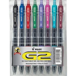Pilot G2 Retractable Gel Pens, Fine Point, 0.7 mm, Clear Barrels, Assorted Ink, Pack Of 8 Pens