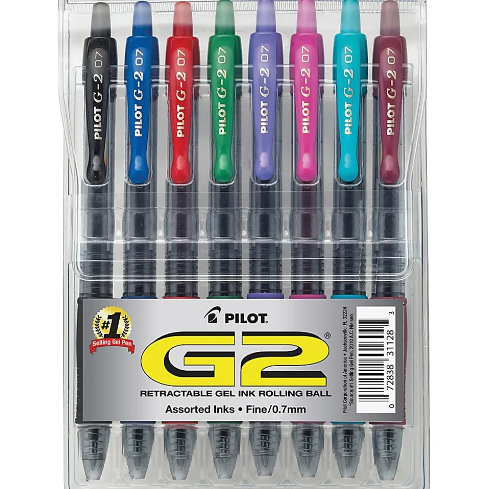 Pilot G2 Retractable Gel Pens, Fine Point, 0.7 mm, Clear Barrels, Assorted Ink, Pack Of 8 Pens