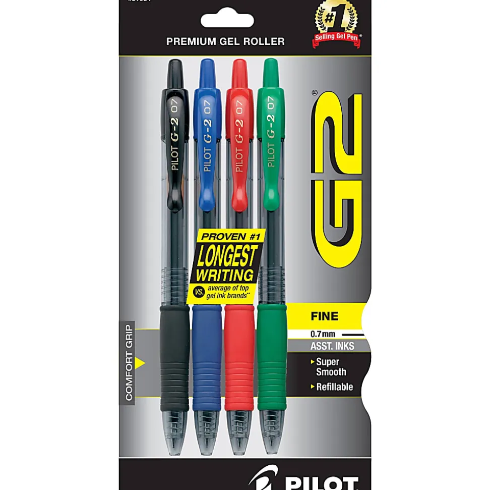 Pilot G2 Retractable Gel Pens, Fine Point, 0.7 mm, Assorted Barrels, Assorted Ink Colors, Pack Of 4