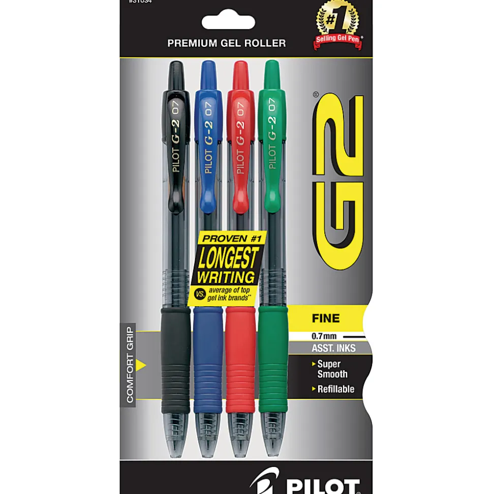 Pilot G2 Retractable Gel Pens, Fine Point, 0.7 mm, Assorted Barrels, Assorted Ink Colors, Pack Of 4