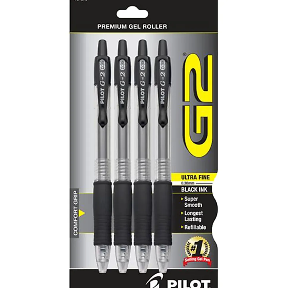 Pilot G2 Retractable Gel Pens, Ultra Fine Point, 0.38 mm, Clear Barrels, Black Ink, Pack Of 4