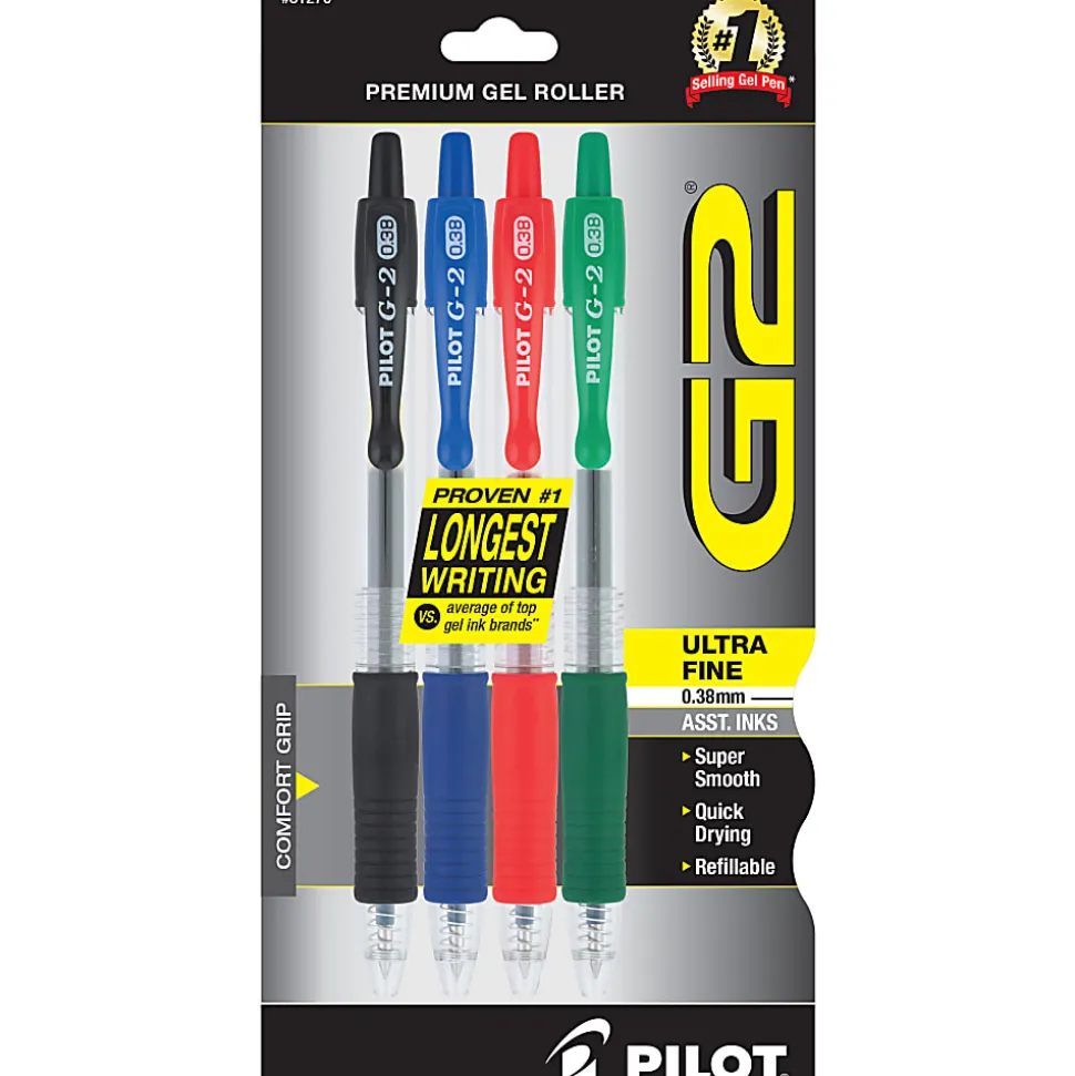 Pilot G2 Retractable Gel Pens, Ultra Fine Point, 0.38 mm, Black, Assorted Barrels, Assorted Ink Colors, Pack Of 4