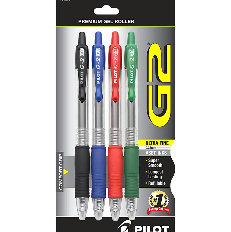 Pilot G2 Retractable Gel Pens, Ultra Fine Point, 0.38 mm, Black, Assorted Barrels, Assorted Ink Colors, Pack Of 4
