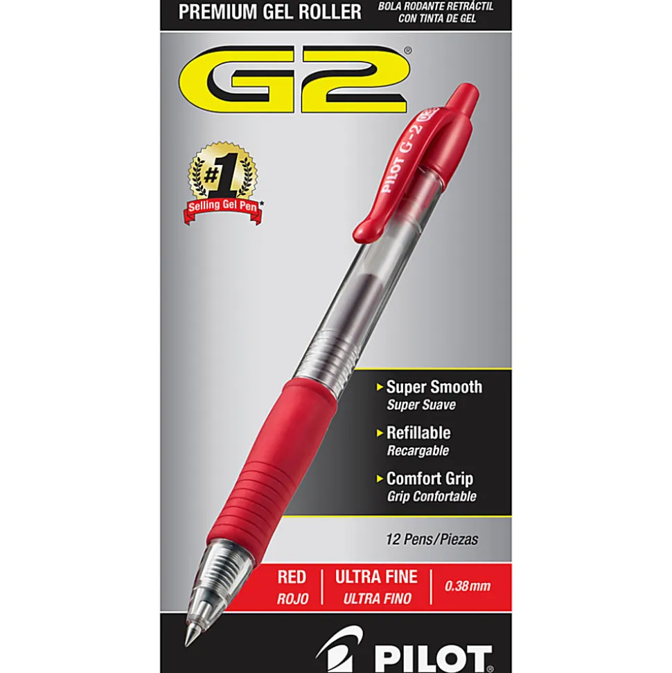 Pilot G2 Retractable Gel Pens, Ultra Fine Point, 0.38 mm, Clear Barrels, Red Ink, Pack Of 12