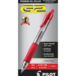 Pilot G2 Retractable Gel Pens, Ultra Fine Point, 0.38 mm, Clear Barrels, Red Ink, Pack Of 12