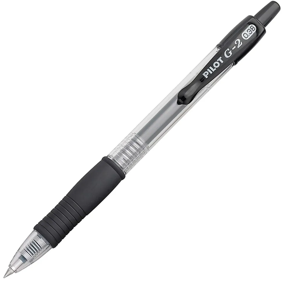 Pilot G2 Retractable Gel Pens, Ultra Fine Point, 0.38 mm, Clear Barrels, Black Ink, Pack Of 12