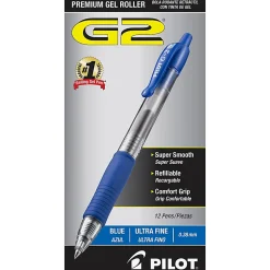 Pilot G2 Retractable Gel Pens, Ultra Fine Point, 0.38 mm, Clear Barrels, Blue Ink, Pack Of 12