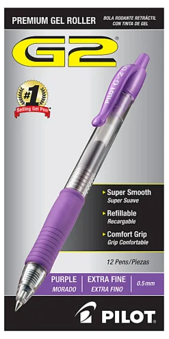 Pilot® G2 Retractable Rollerball Pens, Extra Fine Point, 0.5 mm, Clear Barrel, Purple Ink, Pack Of 12 Pens