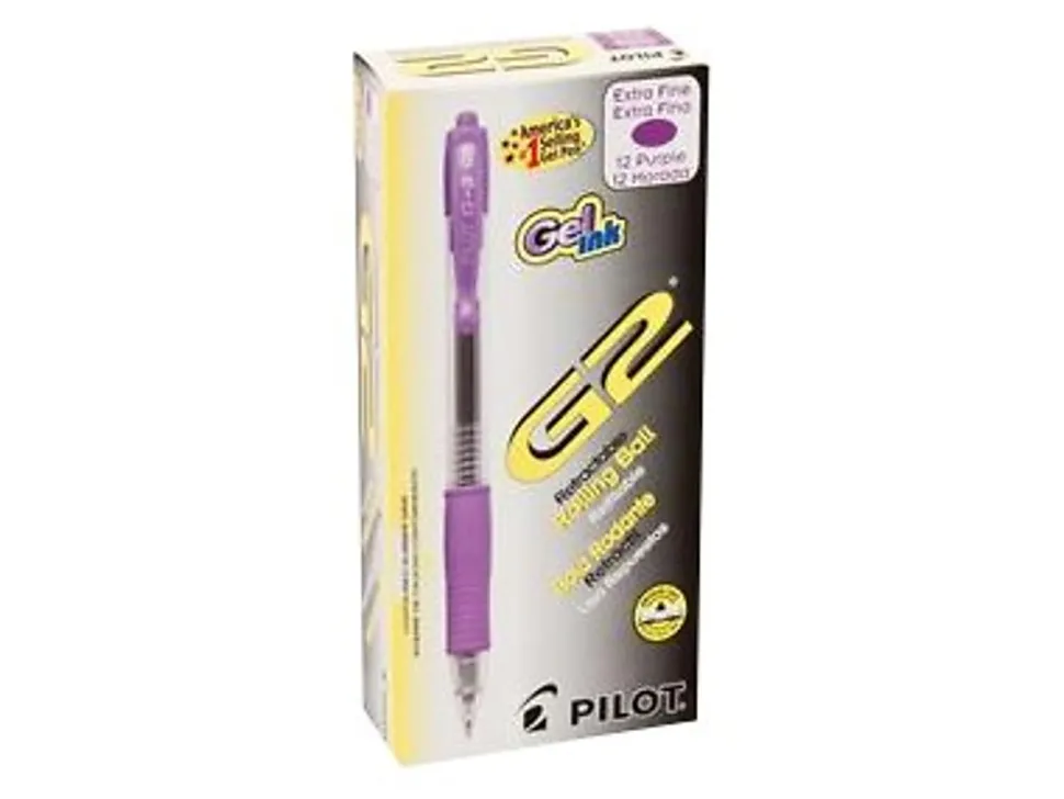 Pilot® G2 Retractable Rollerball Pens, Extra Fine Point, 0.5 mm, Clear Barrel, Purple Ink, Pack Of 12 Pens