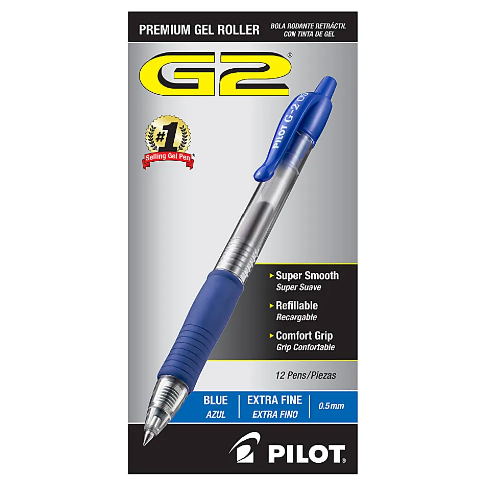 Pilot® G2 Retractable XFine Gel Rollerball Pens, Pack Of 12, Extra Fine Point, 0.5 mm, Blue Ink