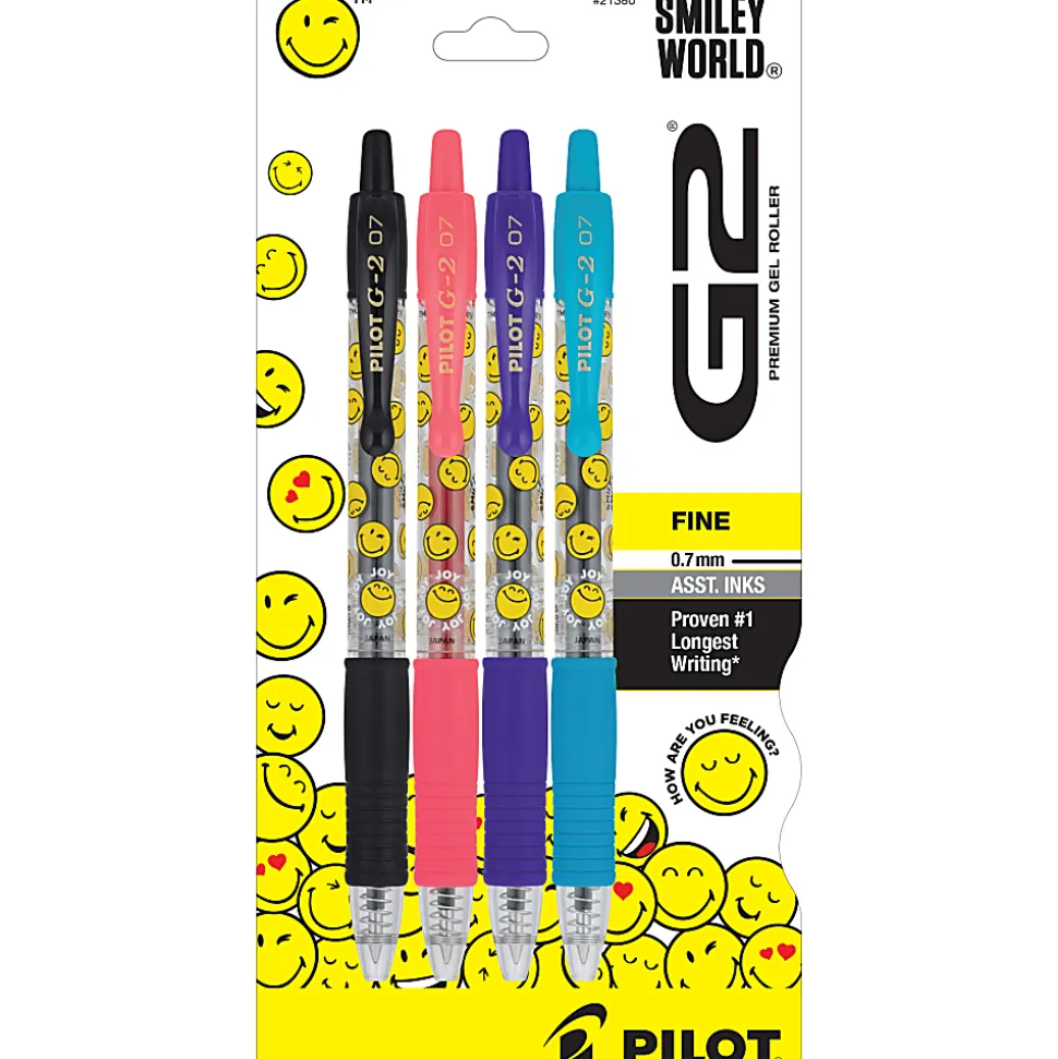 Pilot G2 | SmileyWorld Gel Pens, Fine Point, 0.7mm, Assorted Inks, Pack of 4 Pens
