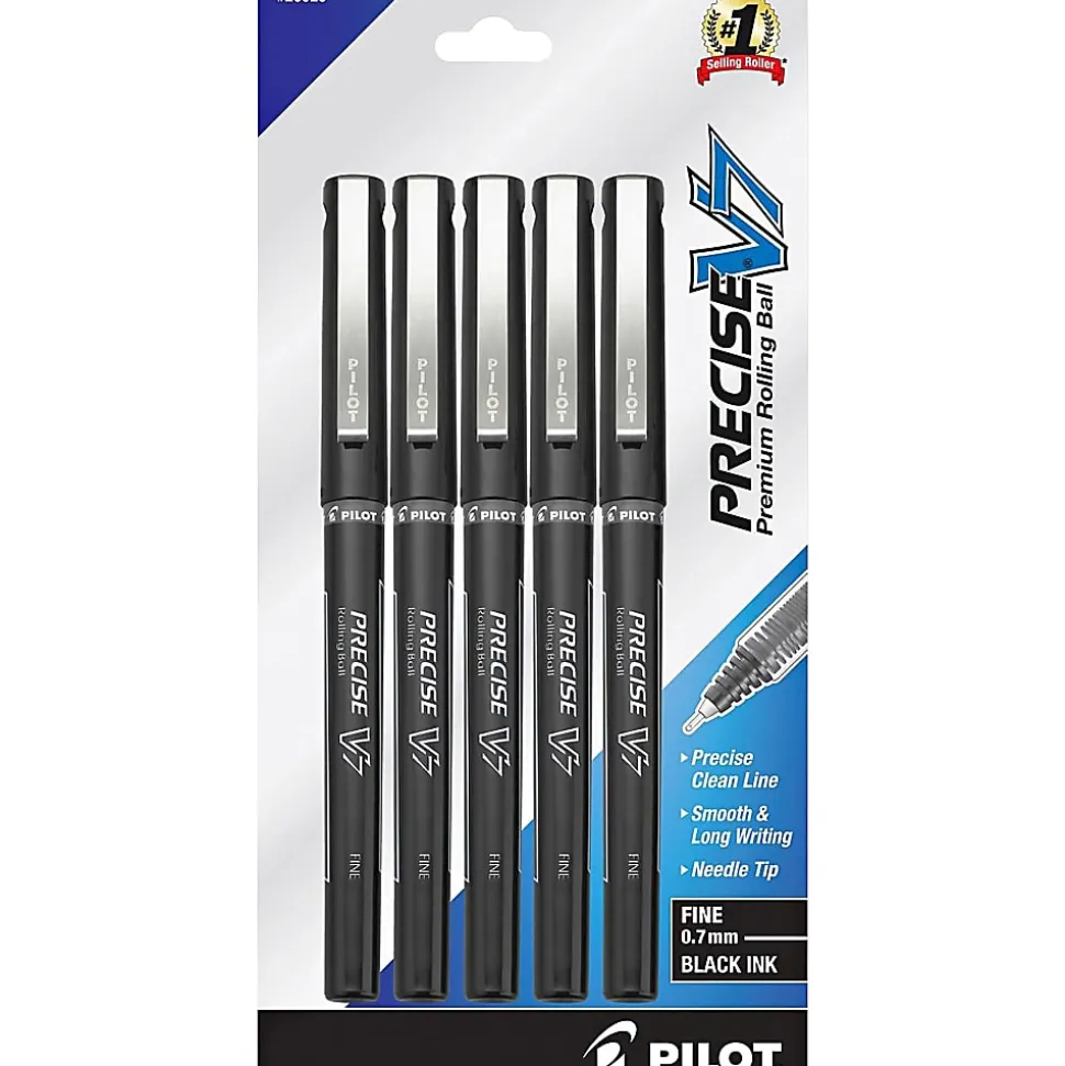 Pilot® Precise™ V7 Liquid Ink Rollerball Pens, Fine Point, 0.7 mm, Black Barrel, Black Ink, Pack Of 5