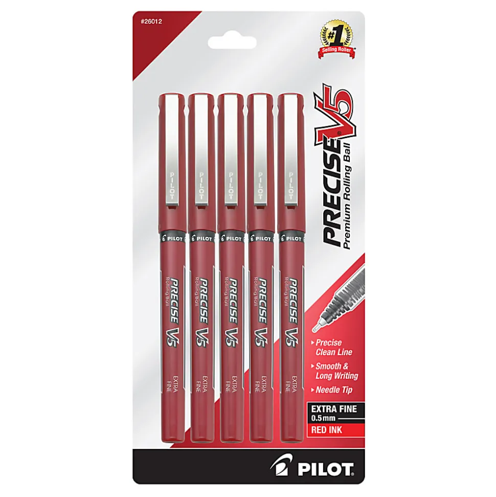 Pilot® Precise™ V5 Liquid Ink Rollerball Pens, Extra Fine Point, 0.5 mm, Red Barrel, Red Ink, Pack Of 5