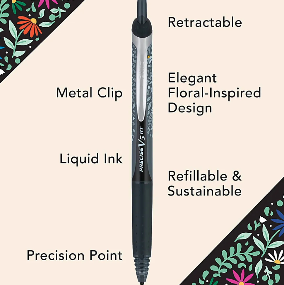 Pilot Precise V5 RT Floral Pen, Extra Fine Point, 0.5mm, Black Barrel, Black Ink, Single Pen