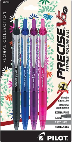 Pilot Precise V5 RT Floral Pens, Extra Fine Point, 0.5mm, Assorted Inks, Pack of 4 Pens