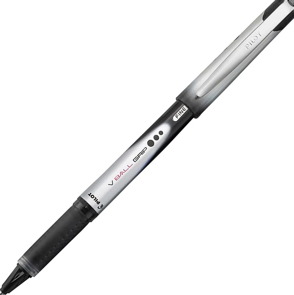 Pilot® V-Ball Grip™ Liquid Ink Rollerball Pens, Fine Point, 0.7 mm, Metallic Silver/Gray Barrel, Black Ink, Pack Of 12 Pens