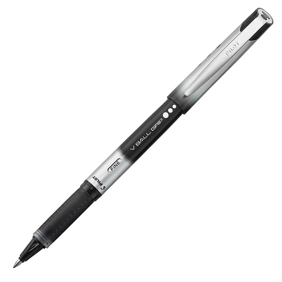 Pilot® V-Ball Grip™ Liquid Ink Rollerball Pens, Fine Point, 0.7 mm, Metallic Silver/Gray Barrel, Black Ink, Pack Of 12 Pens
