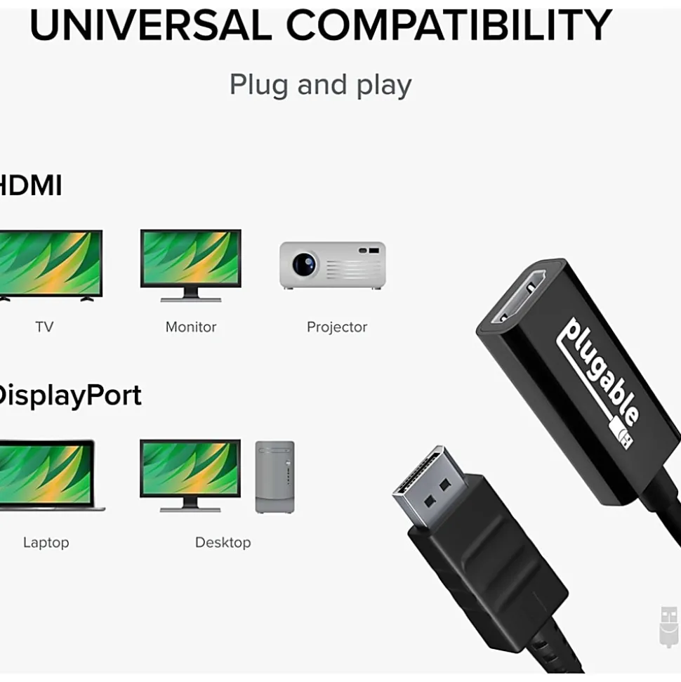 Plugable Active DisplayPort to HDMI Adapter - Connect any DisplayPort-Enabled PC or Tablet to an HDMI Enabled Monitor, TV or Projector - DPHDMI