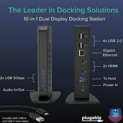 Plugable Dual 1080p HDMI Universal Docking Station for USB-C & USB 3.0 Laptop - 10 Ports, Windows/ChromeOS Plug & Play, macOS Driver Required