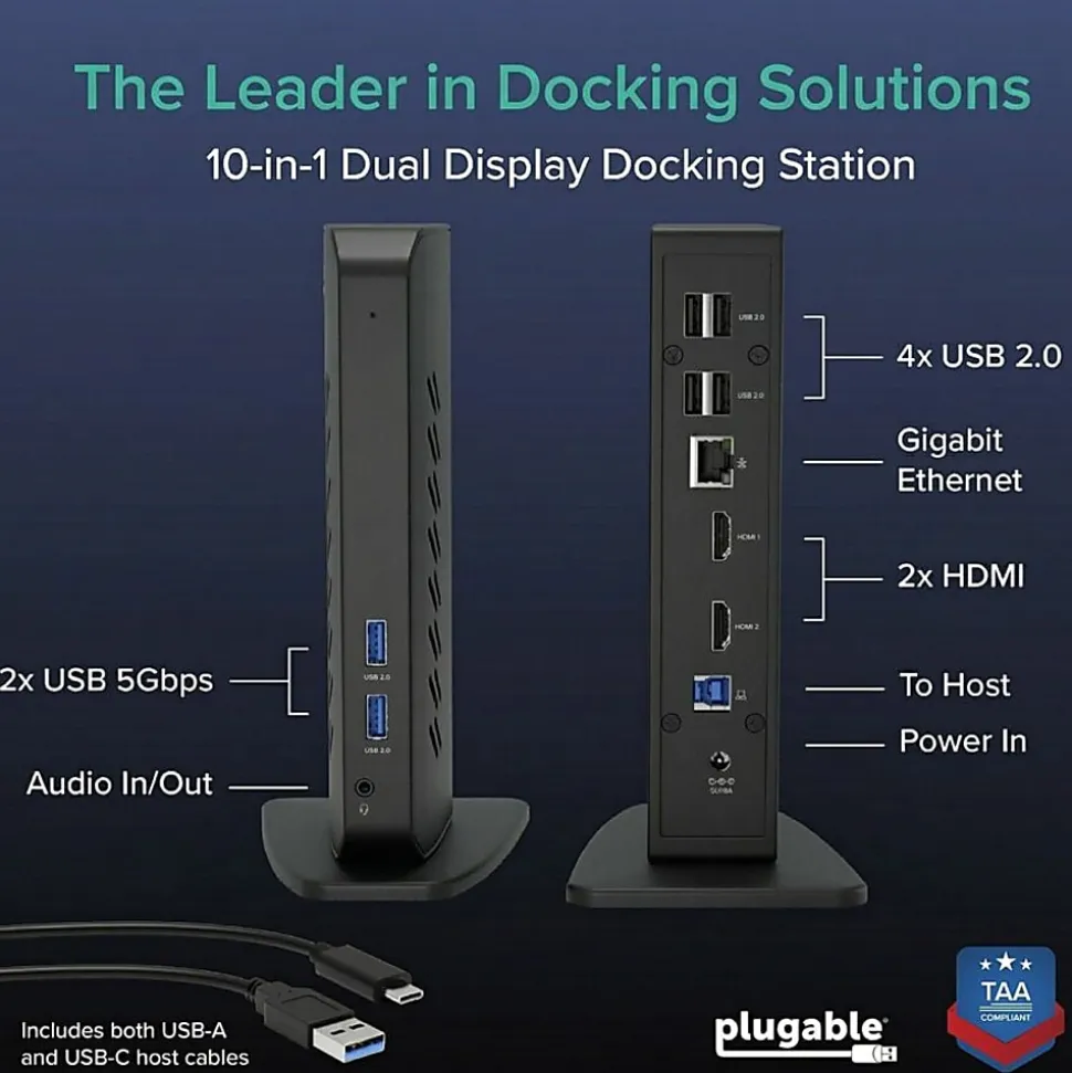 Plugable Dual 1080p HDMI Universal Docking Station for USB-C & USB 3.0 Laptop - 10 Ports, Windows/ChromeOS Plug & Play, macOS Driver Required