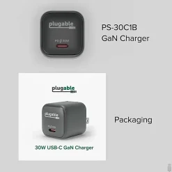 Plugable GaN USB C Charger Block, 30W Portable Charger - Foldable Prongs, PPS USBC Fast Charger  - PS30C1B