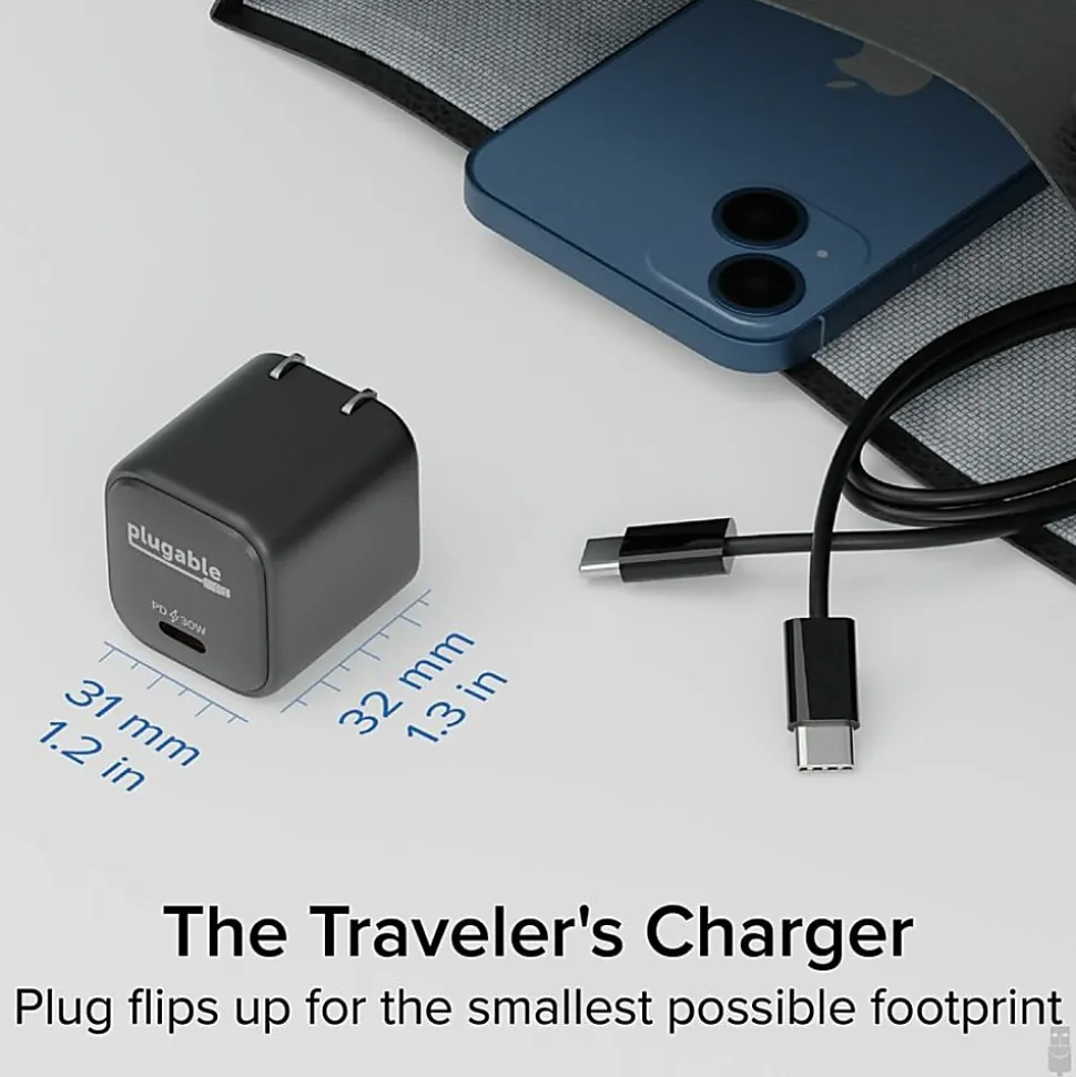 Plugable GaN USB C Charger Block, 30W Portable Charger - Foldable Prongs, PPS USBC Fast Charger - PS30C1B