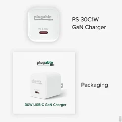 Plugable GaN USB C Charger Block, 30W Portable Charger - Foldable Prongs, PPS USBC Fast Charger  - PS30C1W