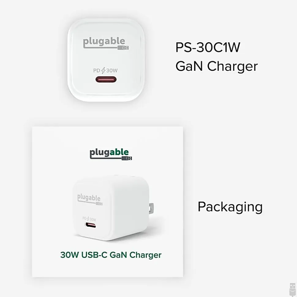 Plugable GaN USB C Charger Block, 30W Portable Charger - Foldable Prongs, PPS USBC Fast Charger - PS30C1W