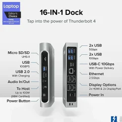 Plugable 16-in-1 Thunderbolt 4 Dock with 100W Charging, 4K Quad Monitor Setup - TBT4UDZ