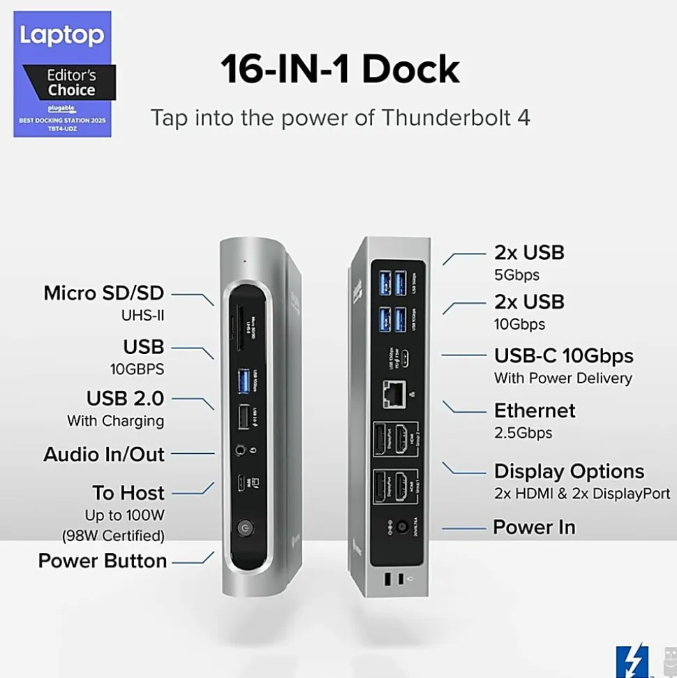 Plugable 16-in-1 Thunderbolt 4 Dock with 100W Charging, 4K Quad Monitor Setup - TBT4UDZ