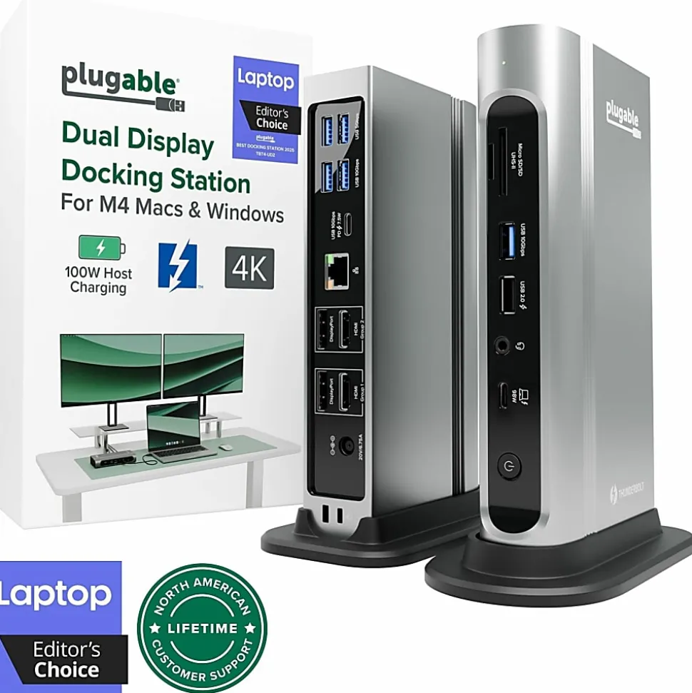 Plugable 16-in-1 Thunderbolt 4 Dock with 100W Charging, 4K Quad Monitor Setup - TBT4UDZ