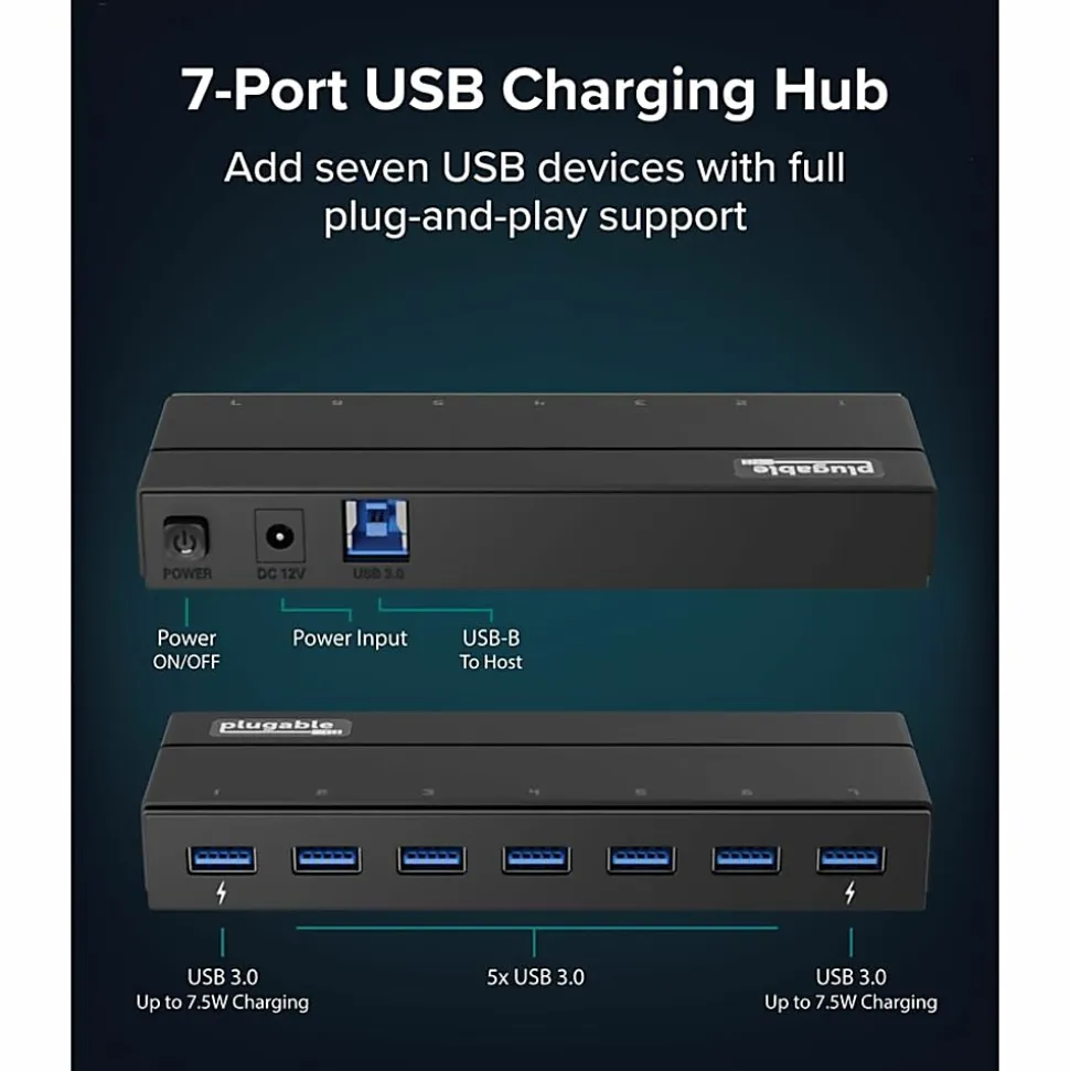 Plugable 7-Port USB 3.0 Hub with 36W Power Adapter - Connect up to seven USB 3.0, 2.0, or 1.1 devices to a single port on any computer, Driverless