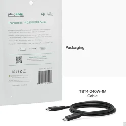 Plugable Thunderbolt 4 Cable with 240W Charging, Thunderbolt Certified, 3.3 Feet (1M),1x 8K Display, 40 Gbps - TBT4240W1M