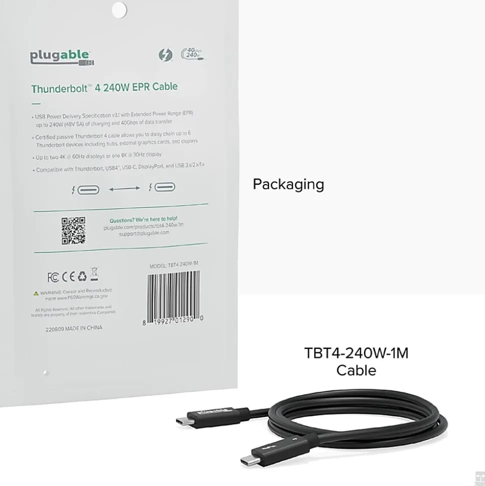 Plugable Thunderbolt 4 Cable with 240W Charging, Thunderbolt Certified, 3.3 Feet (1M),1x 8K Display, 40 Gbps - TBT4240W1M
